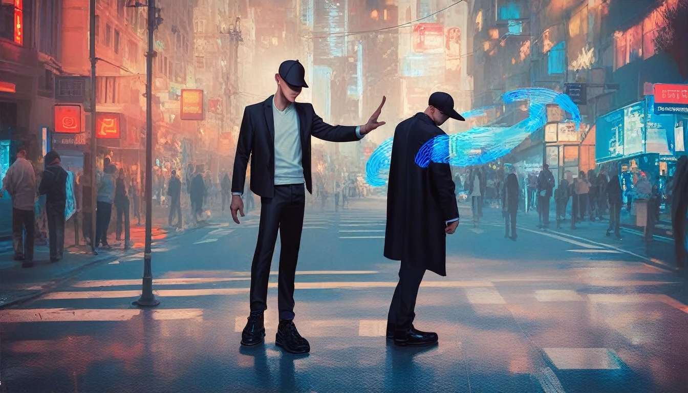 Cat Beastman, black hat, dance, Black jacket, White T-shirt, Black trousers, Black Shoes, pose, Street, City of night, Stand holding your hat, whole body, suit, 5 megapixels, High resolution, High definition, holographic effect, Hyperrealistic, photograph, Real, reality, cool, Handsome, good looking