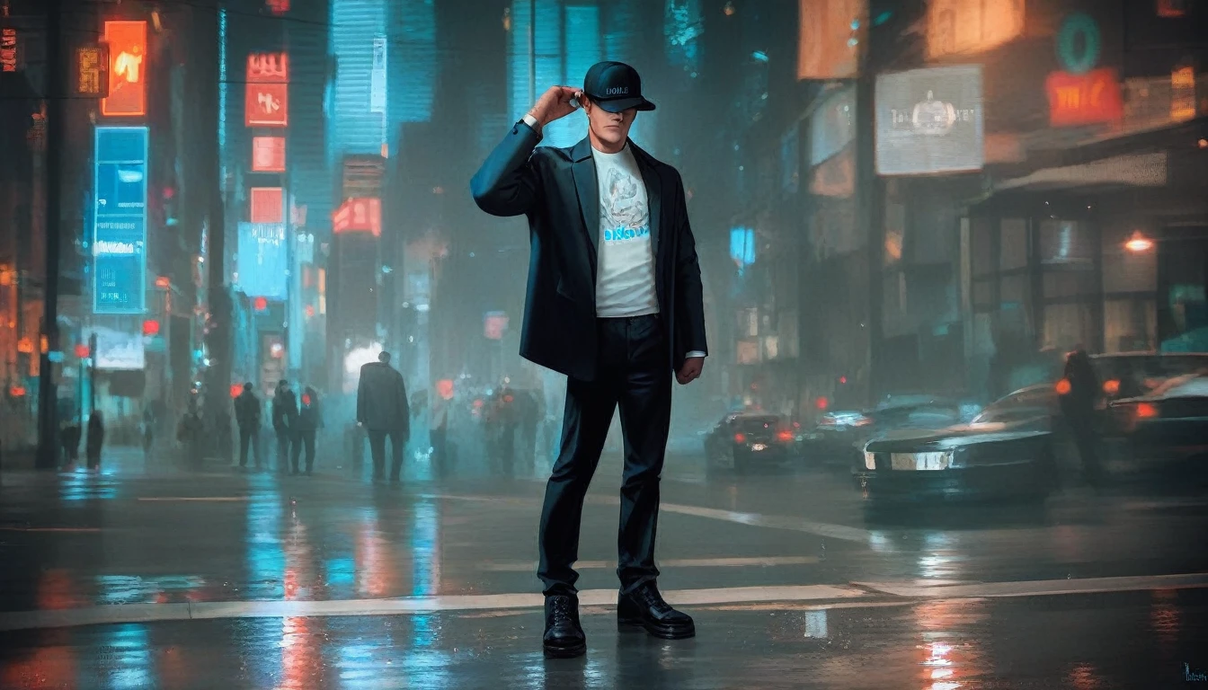 Cat Beastman, black hat, dance, Black jacket, White T-shirt, Black trousers, Black Shoes, pose, Street, City of night, Stand holding your hat, whole body, suit, 5 megapixels, High resolution, High definition, holographic effect, Hyperrealistic, photograph, Real, reality, cool, Handsome, good looking