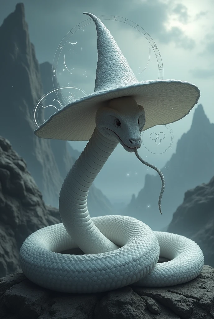 a white snake with a witch's hat, in the style of hyper-detailed digital paintings, dark grey and light silver, ethereal landscapes, white snake, hat, no people, witch's hat,magic circles, no humans, hyper-detailed,ultra-realistic, 8k,ultra-realistic, hyper-detailed, 32k uhd. magic circles, Luxury witches room,