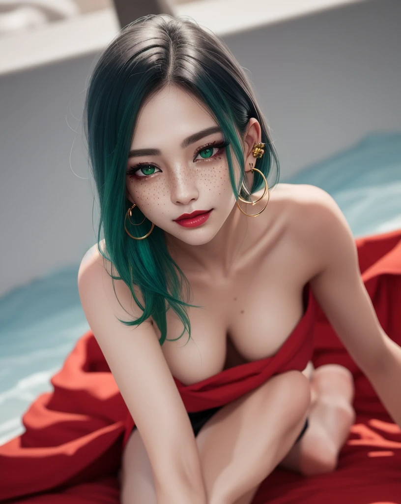 1 Girl, 19 years old, south korean, 4k, masterpiece, realistic, long whavy black hair with bangs, green fade hair, shining green pupils, shining red lips, freckles, red eyeliners, big boobs, golden hoop earings, naked, covered by a purple blanket, freckles, big smug smile, closed mouth, bright colors, blurry background, face focus, birds eye view.