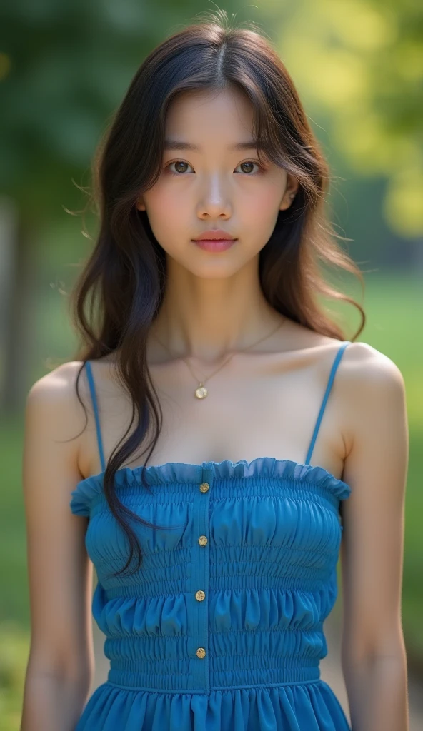 1 girl, standing front to camera , beautiful girl, blue dress, outdoor, perfect light, masterpiece, best quality, ultra detailed, cinematic feels, looking at the viewer, 8k, RAW photo, realistic, photo realistic, intricately detailed, UHD, full HD, ultra resolution