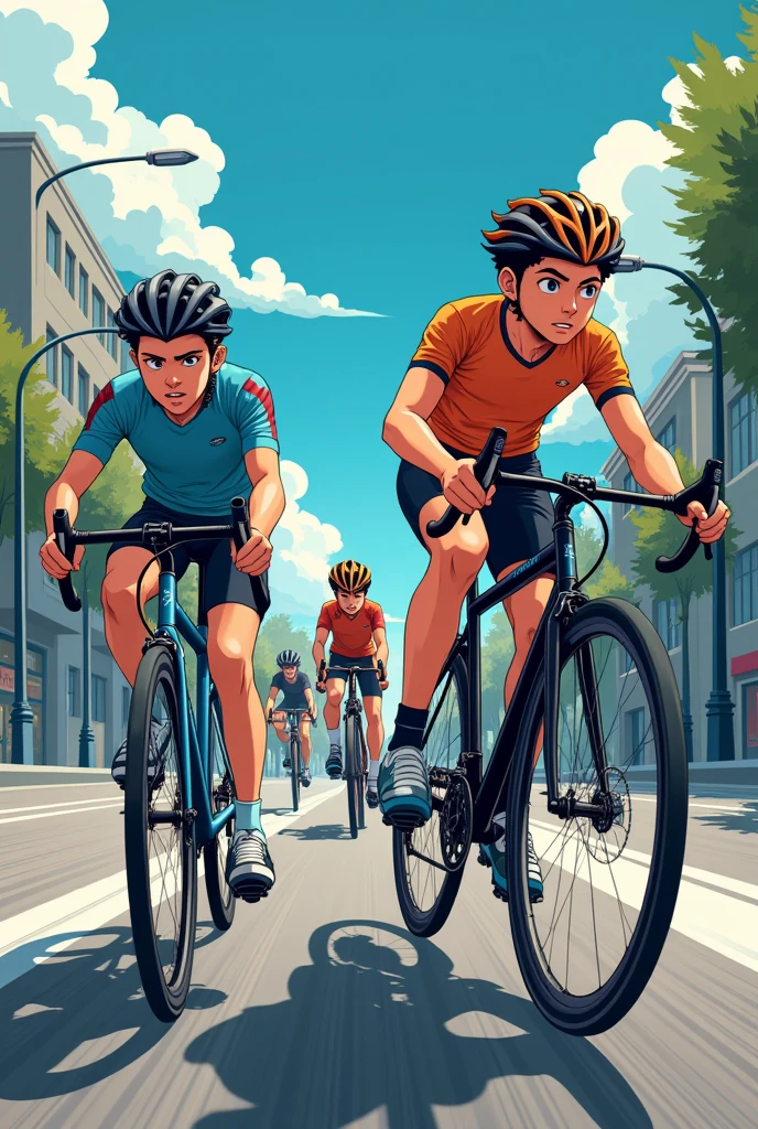 On a slop boys of age 11 to 15 are racesing with cycle
Magnga stly in a city
With no gares!
Manga style anime
