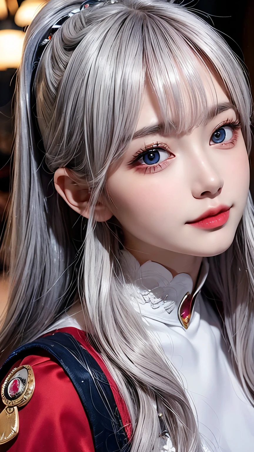 (Highest quality, masterpiece:1.2), High resolution, The highest masterpiece、Very detailed, Realistic:1.37, Fantasy, An illustration,Gray Hair、 Red eyes、Queen, Navy and blue dress、beautifully、Eyeshadow Red、Thick eyebrows、Long eyelashes、pupils are black、shiny on the lips、Top Sites、Queen、PRİNCESS、A kind smile、Soft impression、Be loved by people、Slimming the face、Shoulder Bare、ponytail、Kissing Face、Long white hair、Shaggy Bangs、(Save face image).Cinderella Castle、(alone).((Close your eyes and kiss)).((独奏)).