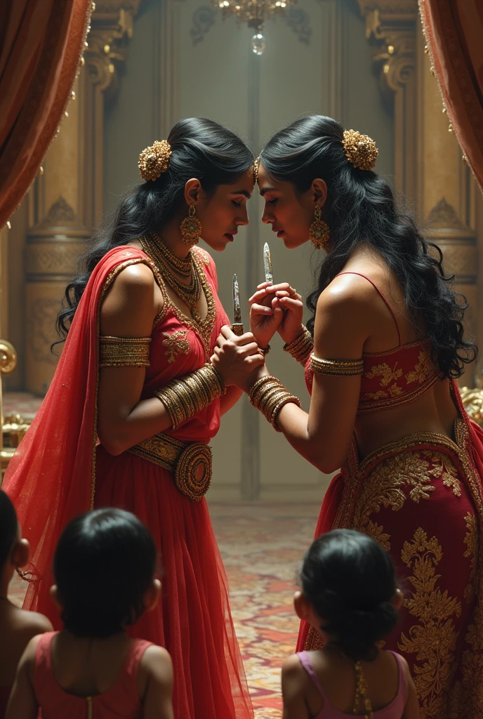 Two indian queens fighting each other with knives in the royal bed chambers, with their children watching and crying