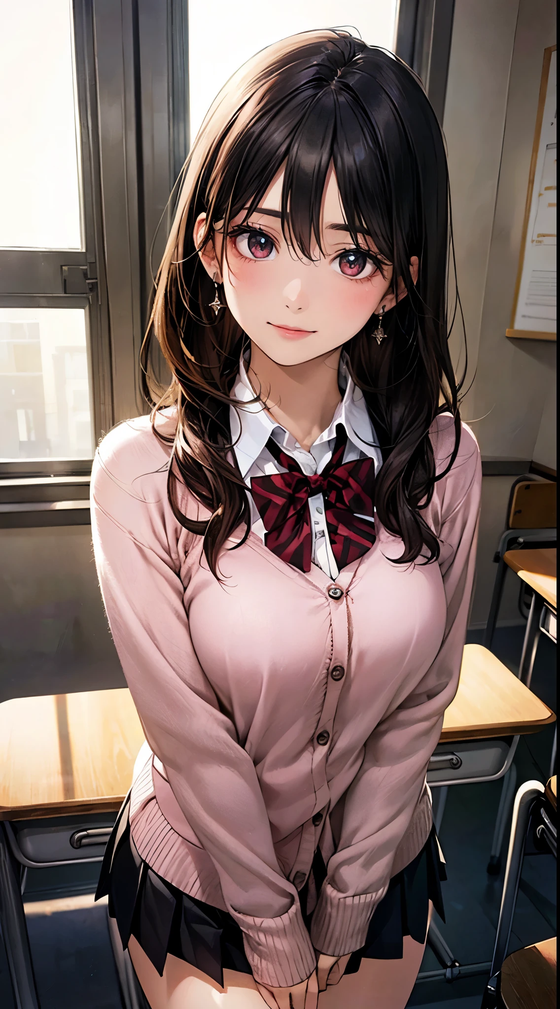(masterpiece:1.2, highest quality), (realistic photo:1.4), beautiful illustrations, (natural side lighting, movie lighting),
looking at the viewer, 1 girl, japanese, high school girl, perfect face, cute symmetrical face, shiny skin, baby face,
(long hair, straight hair, dark red headband, black hair), hair between eyes, maroon eye idol chest, seductive thighs, big ass), earrings,
beautiful hair, beautiful face, detailed and beautiful eyes, beautiful clavicle, beautiful body, beautiful breasts, beautiful thighs, beautiful feet, beautiful fingers, slender,
(white collared shirt, long sleeve pink knit cardigan, black pleated mini skirt, dark red flat bow tie),
(beautiful scenery), evening, (school classroom:1.2), standing, (cute smile, upper eye)