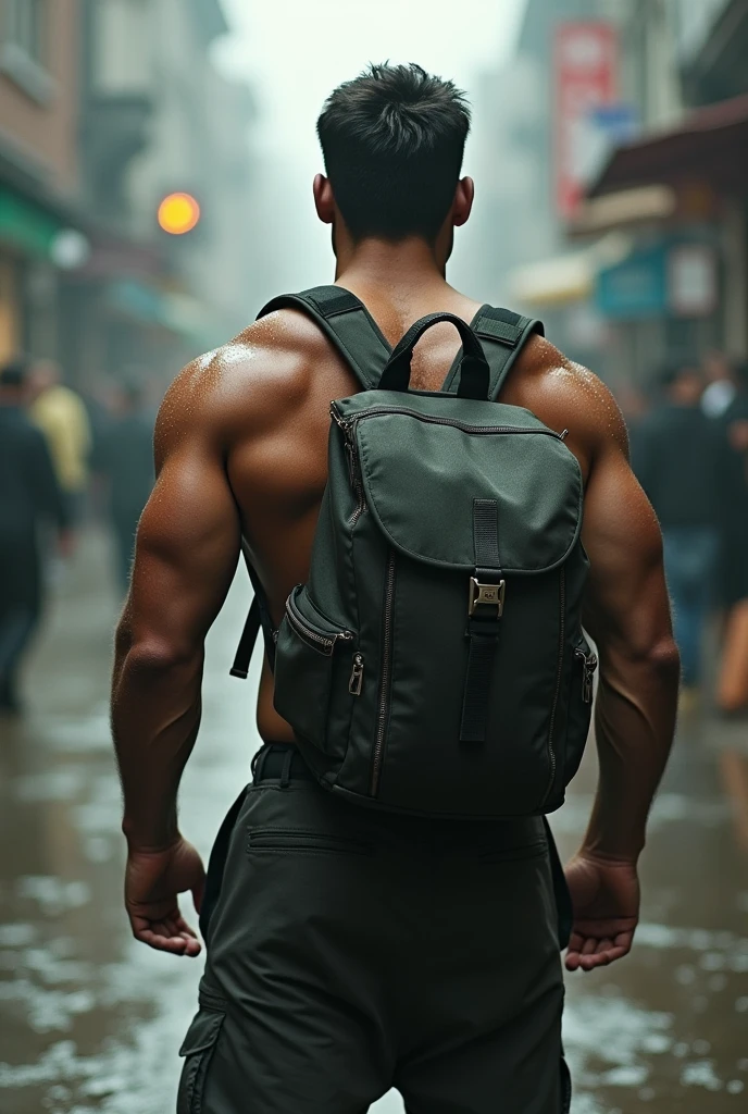 A person with strong muscles, Street Rage, backpack, Beautiful realism, photograph, fade away, Things are complicated around you., complex background, wet, Neutral colors, ((((do not have)))), (((( muted colors)))), Complex scenes, art station, complicated details, short article