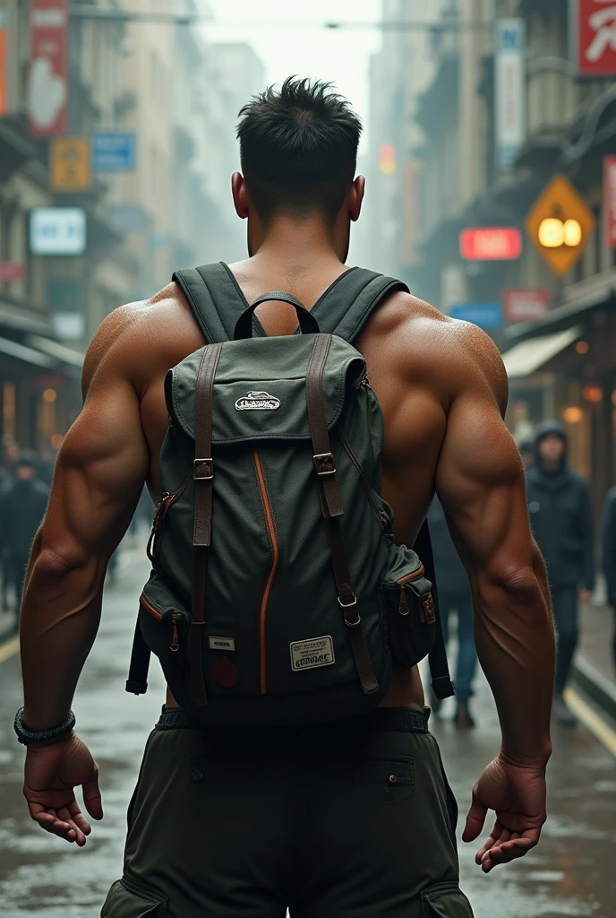 A person with strong muscles, Street Rage, backpack, Beautiful realism, photograph, fade away, Things are complicated around you., complex background, wet, Neutral colors, ((((do not have)))), (((( muted colors)))), Complex scenes, art station, complicated details, short article