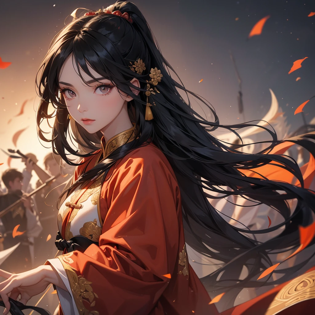 A beautiful woman with long black hair, wearing a hairpin, wearing an ancient Chinese general's outfit, holding a long spear, on the battlefield, close up.