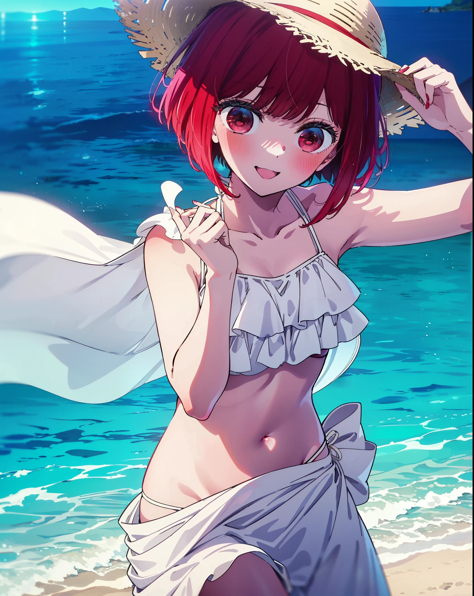 canary, Arima etc., short hair, bangs, (Red eyes:1.3), Redhead, Bobcut, Straw hat,smile,Open your mouth,blush,White string bikini swimsuit with frills,Belly button,abdomen,A thin long skirt is wrapped around her waist,barefoot,Sandy Beachを散歩している,whole bodyがイラストに入るように,
break outdoors, Sandy Beach,Beach,
break looking at viewer,whole body,
break (masterpiece:1.2), Highest quality, High resolution, unity 8k wallpaper, (figure:0.8), (Beautiful attention to detail:1.6), Highly detailed face, Perfect lighting, Highly detailed CG, (Perfect hands, Perfect Anatomy),