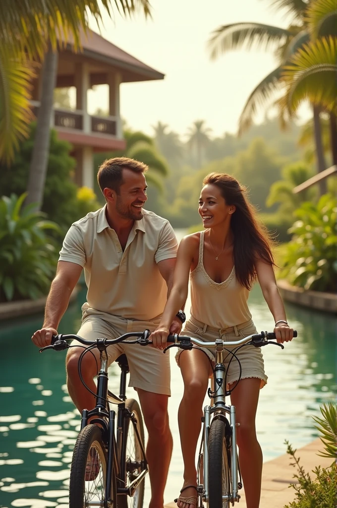 couple riding bicycles in Bali, pool villa background, man 44 years old, woman 27 years old, smiling, happy, love, romantic, tropical landscape, palm trees, sunny
