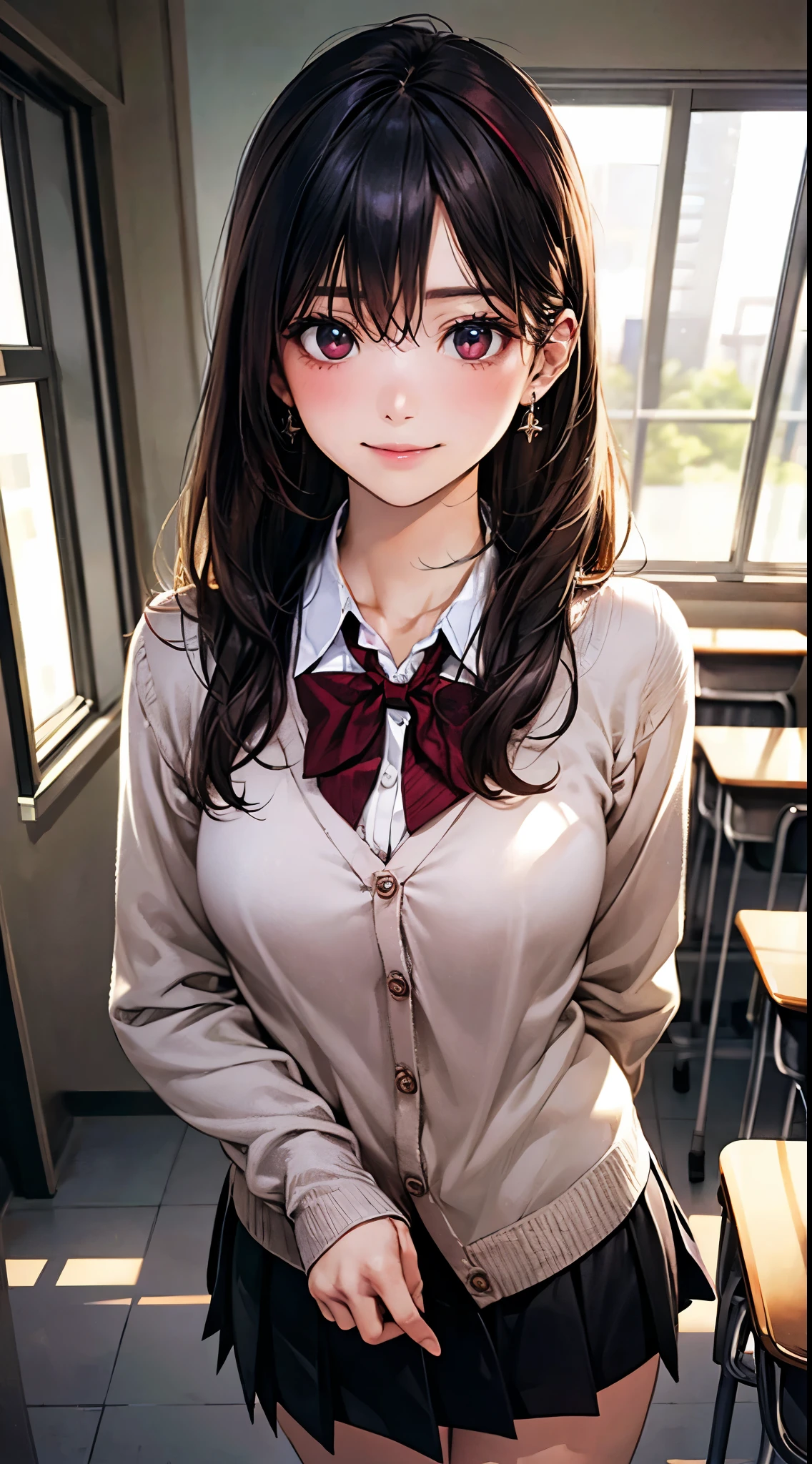 (masterpiece:1.2, highest quality), (realistic photo:1.4), beautiful illustrations, (natural side lighting, movie lighting),
looking at the viewer, 1 girl, japanese, high school girl, perfect face, cute symmetrical face, shiny skin, baby face,
(long hair, straight hair, dark red headband, black hair), hair between eyes, maroon eye idol chest, seductive thighs, big ass), earrings,
beautiful hair, beautiful face, detailed and beautiful eyes, beautiful clavicle, beautiful body, beautiful breasts, beautiful thighs, beautiful feet, beautiful fingers, slender,
(white collared shirt, long sleeve pink knit cardigan, black pleated mini skirt, dark red flat bow tie),
(beautiful scenery), evening, (school classroom:1.2), standing, (cute smile, upper eye)