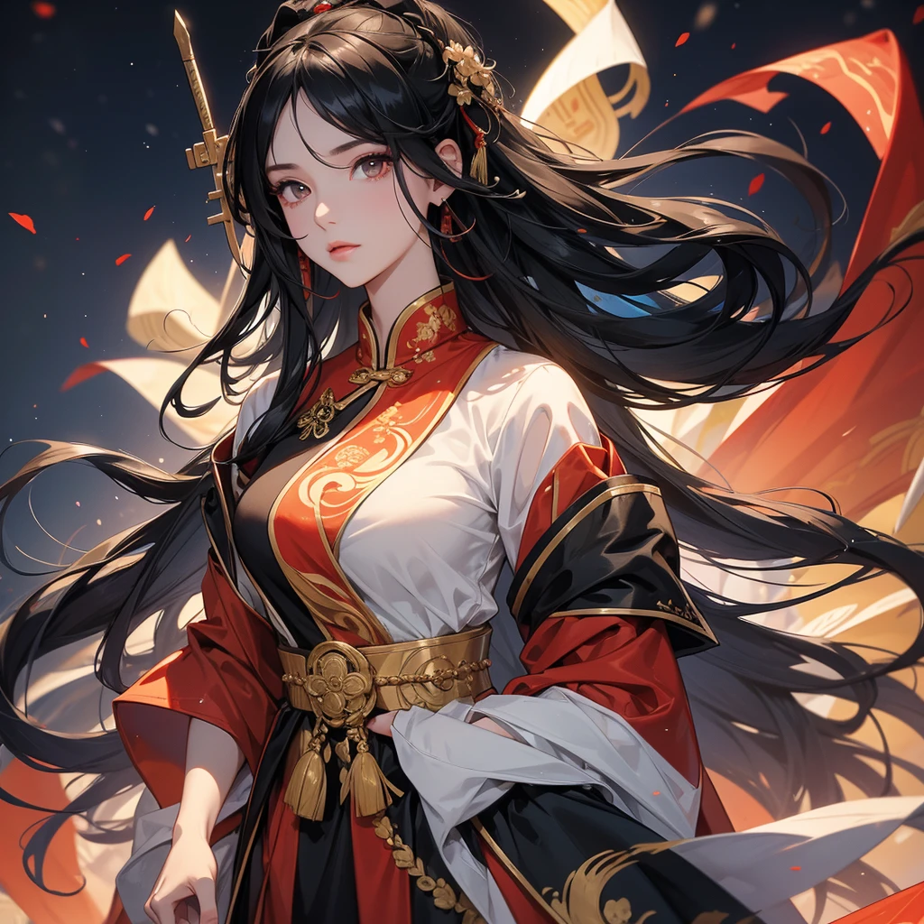 A beautiful woman with long black hair, wearing a hairpin, wearing an ancient Chinese general's outfit, holding a long spear, on the battlefield, close up.