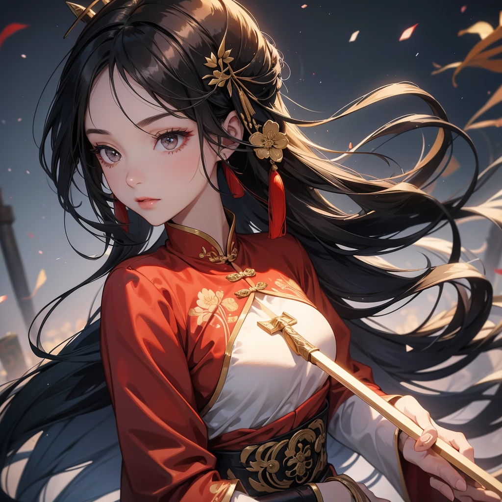 A beautiful woman with long black hair, wearing a hairpin, wearing an ancient Chinese general's outfit, holding a long spear, on the battlefield, close up.