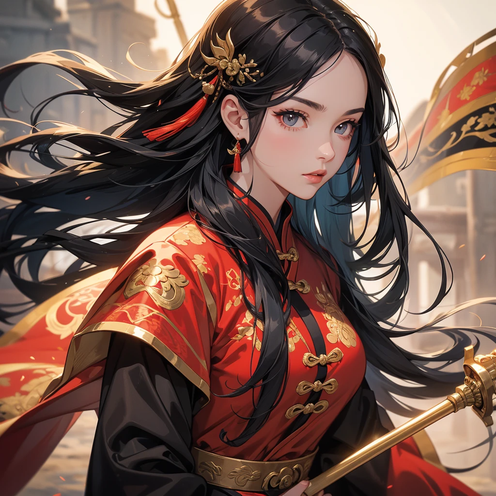 A beautiful woman with long black hair, wearing a hairpin, wearing an ancient Chinese general's outfit, holding a long spear, on the battlefield, close up.