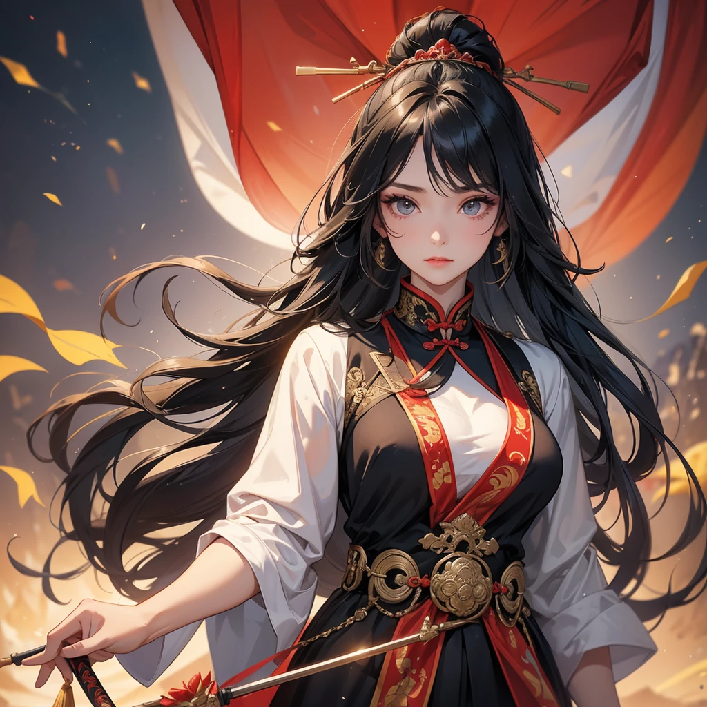 A beautiful woman with long black hair, wearing a hairpin, wearing an ancient Chinese general's outfit, holding a long spear, on the battlefield, close up.