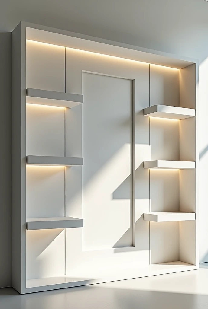 Create a 2x2 meter wall, with a port 1,80 meters x 1,00 meters, on the wall place four shelves in the shape of a plank measuring 70cm long by 20cm wide.