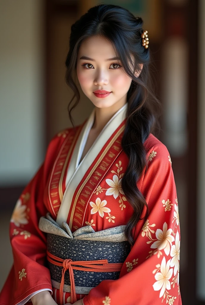 Beautiful woman in Lao national costume、((best quality、Masterpiece 8,000 pieces:1.3))、Sharp focus:1.2、(An exceptionally beautiful face:1.0)、(Oily skin:1.0)、photorealistic photo、have dark hair、Video light、High definition eyes and face、Video light、Japanese idol stars、from the front、Medium bust、smile、Beautiful figure, slim stomach、whole body、In Furisode、((Yukata))、Finger details、detailed hands、(Refer to 5 books)
