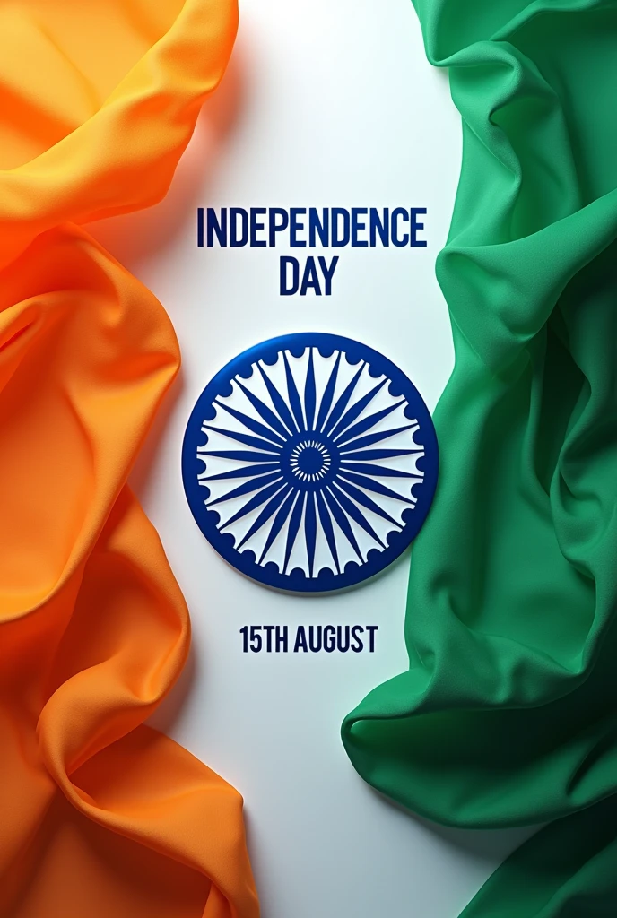 A vibrant and artistic flat lay composition celebrating Independence Day, featuring a stylized blue Ashoka Chakra placed centrally against a backdrop of flowing orange and green sheer fabrics, symbolizing the Indian flag. The text "INDEPENDENCE DAY" in bold, modern typography overlays the top, with the date "15TH AUGUST" elegantly displayed beneath. The overall aesthetic is bright and festive, capturing the essence of national pride and celebration.