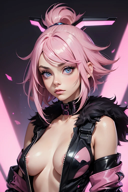 (1 girl), (pink  hair, shorth hair:1.3), beautiful hairstyle, realisticeyes, beautiful detailed eyes, blue colored eyes, bushy eyebrows, (realisic skin), beautiful fur, no clothing, slim body, pink nipples, black fur coat, ripped pink shirt, black collar, pink pubic hair, robotic arm, cyber punk background