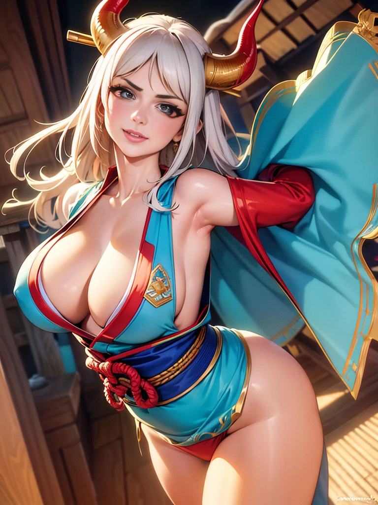 text, Highest quality, masterpiece, 4K, Absurd resolution, Ultra-high resolution, 8k, Actual, Realistic, Bright colors, , Vibrant color palette, Great studio lighting, Very detailed, Detailed eyes, Detailed skin, Detailed Hair, Detailed fabric, Accurate Eyes, BREAK, YamatoV2(one piece), sexy Pose, Perfect body skinny,, Beautiful Lips, Highly detailed face, , sexy, horn(Wrapping , Left and right pair, multicolo Red), large breasts , Cleavage, Slim waist, smile, Torn clothes, Loincloth, Hands in chains, Very detailed, Bright colors, ,The clothes are see-through , full-body, dynamic angle, (background is Japanese Castle)