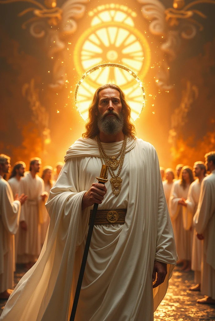 A realistic scene depicting the "Son of Man" as described in the Book of Daniel 7:9-14, wearing white robes, with an expression of authority and serenity, standing before the throne of the Ancient of Days. The background shows a flaming throne, with its wheels of fire, surrounded by heavenly multitudes, with a crystal sea in the background. Heavenly light illuminates the figure, creating a golden halo around your head. Style inspired by Renaissance sacred art, with gold and silver details, fine brush strokes, high contrast between light and shadow, detailed realism, Cinematic depth of field