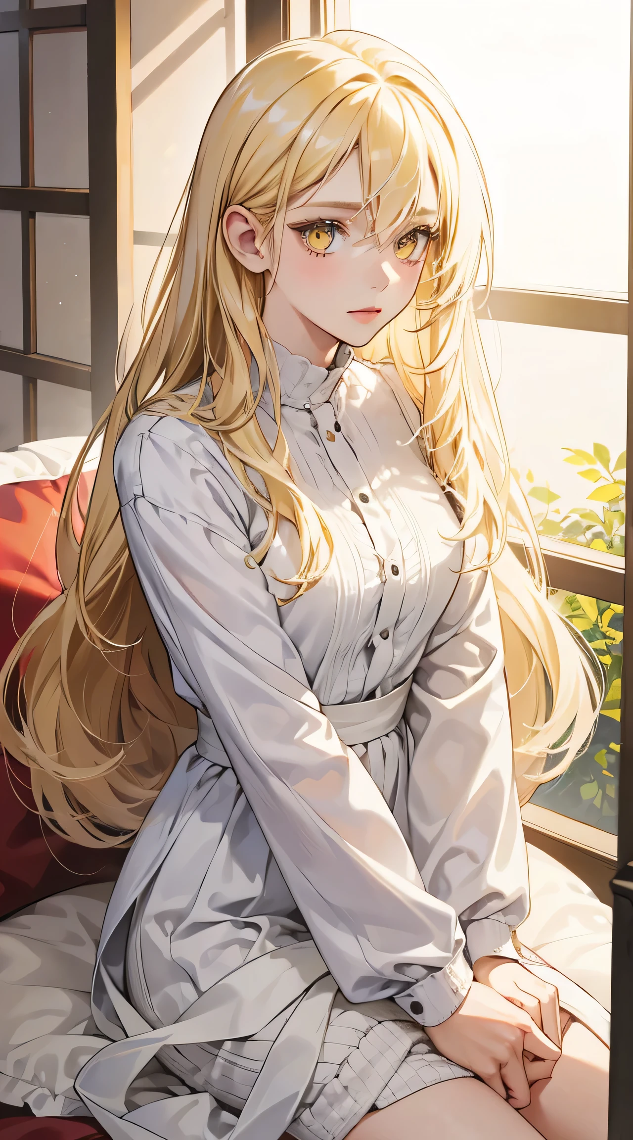 1girl, 30 years old, blonde hair, long hair, blonde, yellow eyes, shy, wearing all white, eligant posture, beautiful