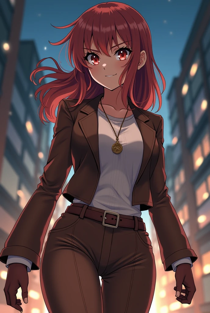 anime styled, one person, full body, earth elemental hero strong female character, muscular girl, smirk face, with a brown suit, walking in ready to fight, modern night city background