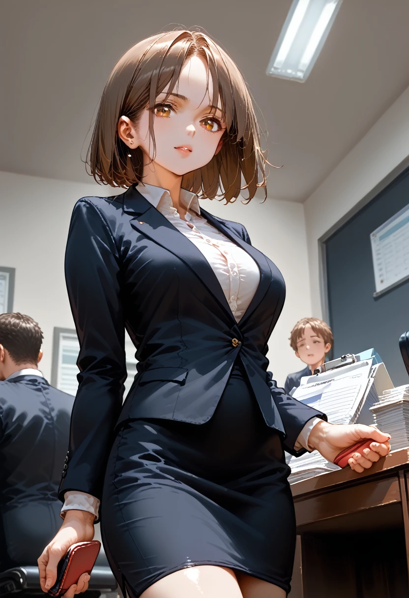 masterpiece, Great, (office: 1.8) standing, 1 royal sister, wicked, Girl Sexy, curvaceous, Eye Catching Short Brown Hair, Fashionable dress, hand holds folder with documents, facing the audience, illustration, wide angle panorama,Shine, Beautiful Shapes of the Girl, четкая прорисовка Деталей cinematic film still,score_9,score_8_up,score_7_up,masterpiece,best quality,8k,source_cartoon,source_アニメ