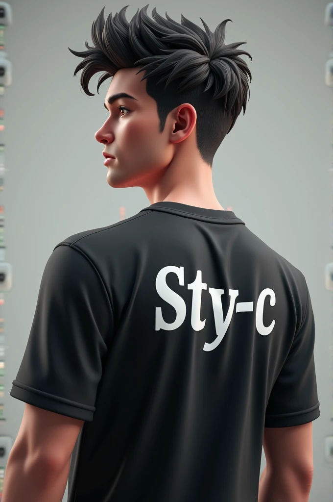 3D cowok cool, handsome, comma hair, Esports game wearing a black shirt with Sty-c written on the back