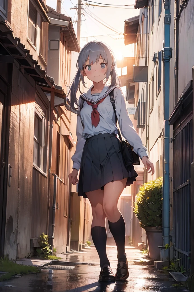 girl in school uniform, happy grey cat, alleyway, sunset, 50mm lens