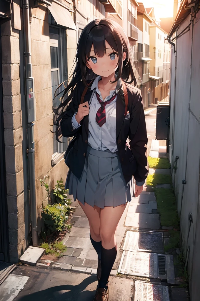 girl in school uniform, happy grey cat, alleyway, sunset, 50mm lens