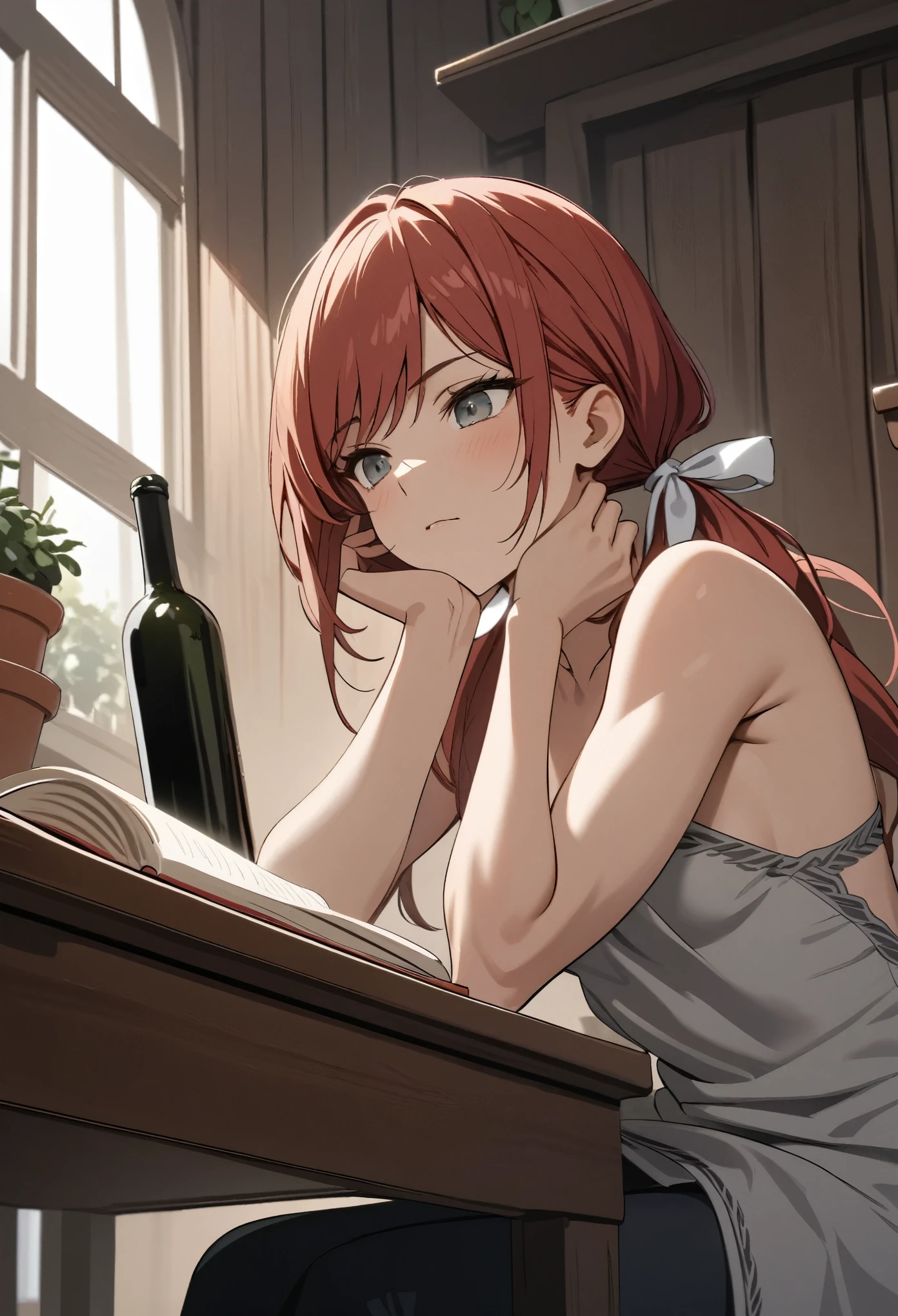 (masterpiece, best quality), stoic, girl leaning forward in chair, hand on own face, looking down at book, biceps, book, beautiful face, upper body, close up, Gray eyes, red hair, swept bangs, low twin tails, white ribbons, gray strapless shirt with white trim, black jeans, small breasts, toned arms, fluttering curtains, dusk, wine bottle, glass, sitting on chair in front of desk, wooden walls, lone window, table with cloth, potted plants,