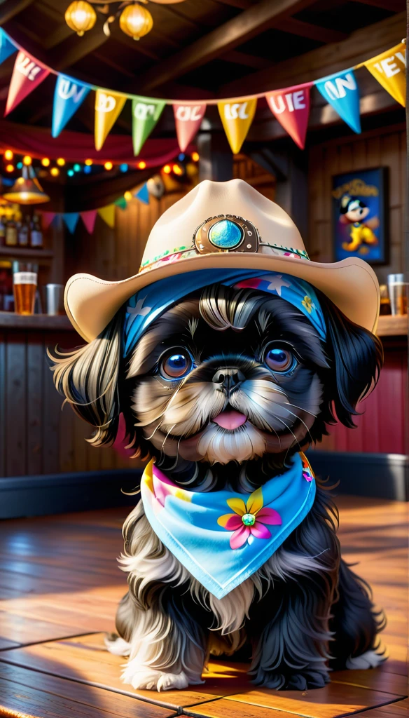 2 adorable black Shih tzu puppies with big blue eyes wearing colorful bandanas and cowboy hats dancing on Disney dance floor at a Disney country bar, 3D Pixar style