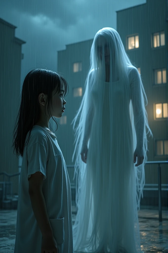 Girl with Asian features and hospital gown outside a hospital in the rain at night in front of a ghost woman