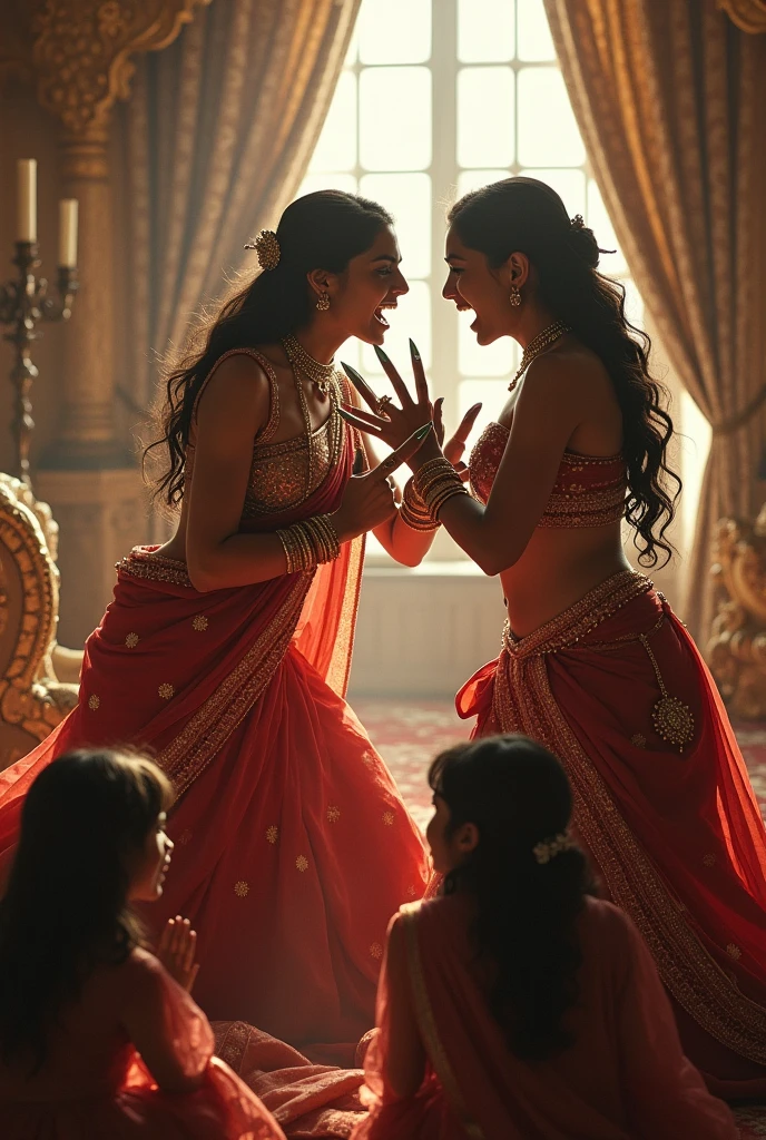 Two indian queens fighting each other violently with knives in the royal bed chambers, with their children watching and crying