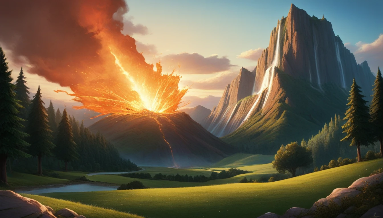 best quality,4k,8k,highres,masterpiece:1.2),ultra-detailed, (large masterpiece digital art), (detailed manga illustration), (detailed line art), cinematic lighting, (intricate details:1.3), (ultra-detailed:1.3), (illustration:1.3), (sharp focus:1.3), (natural lighting:1.05), (vivid colors:1.3), (masterpiece), (best quality:1.4), dynamic lighting, high quality, The Chaotic Empyrean Dominion of Dracosphere is a realm of stark contrasts and breathtaking beauty. The skies are often painted with storms of swirling colors, casting vibrant hues across landscapes filled with both chaotic energy and serene elemental harmony. Towering peaks with molten summits pierce the sky, while lush forests with trees ablaze in ethereal flames stretch across vast plains. Rivers of liquid fire flow alongside streams of shimmering crystal, and the air is alive with the roar of dragons and the whispers of arcane magic., cinematic lighting, dramatic atmosphere, Atey Ghailan, Jeremy Mann, Greg Manchess, Antonio Moro, trend in ArtStation, trend in CGSociety, Intricate, High Detail, Sharp focus, dramatic and photorealistic painting art by Midjourney and Greg Rutkowski, Jeff Bridges, ((cartoon style)), Marvel Cinematic Universe style,