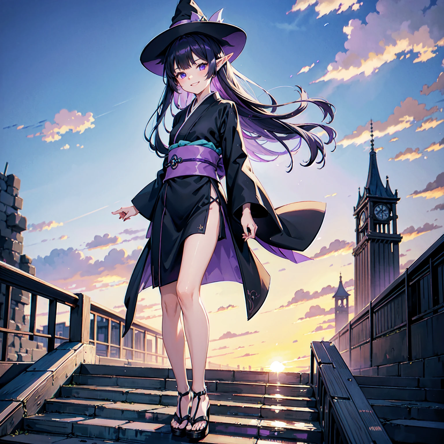 A girl with long violet-purple hair. Pointy elf ears. Her clothes are simple: a black robe with wide sleeves and a black miniskirt. Her knees are showing. The front has a V-shaped white insert like a kimono. A big smile. Gentle face. Background, Bright painting, Makoto Shinkai, floating ruins, floating in the sky, above the clouds, stairs in the sky, illustration, nostalgic, vivid, background only, bright, refreshing, stairs, sunset. Witches' hats with purple ribbons on either side.