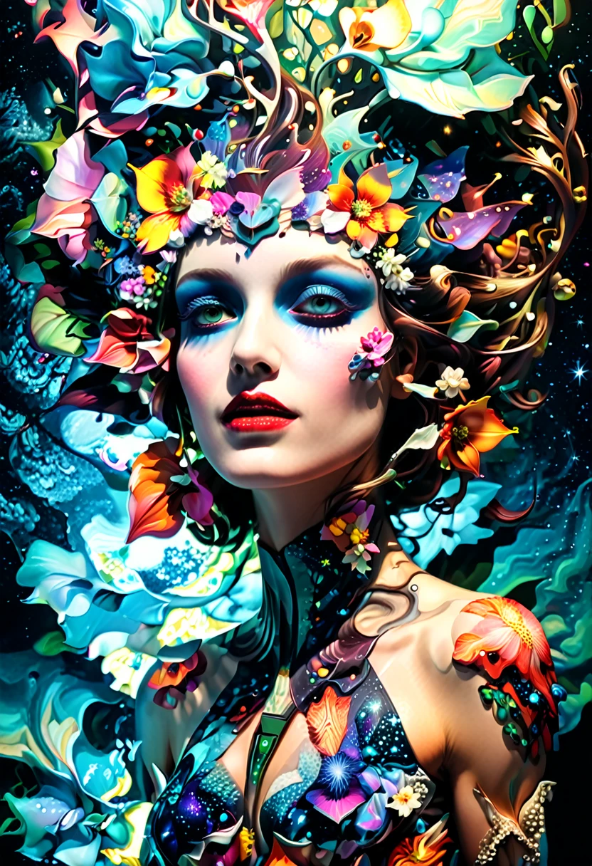 surreal orchid flower with head, arms and legs, Salvador Dali style, horror, HD, Fractal herb, cosmic elements, levitation in space, glowing tendrils, detailed petals, intricate patterns, vivid colors, dramatic lighting, photorealistic, 8k, best quality