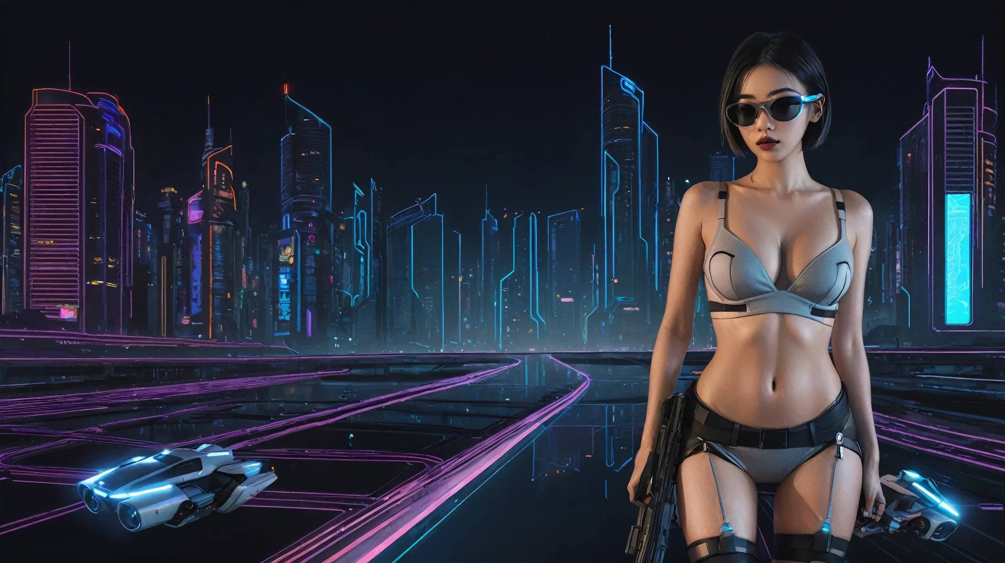 At night, simple outlined cyberpunk city, flying cars, line art background. (1girl, solo), photo realistic, medium-breast:1.3 slim body, cleavage, sling top, miniskirt, black sunglasses, holding a short gun, half-body thigh level medium shot, cinematic lighting, ray tracing.