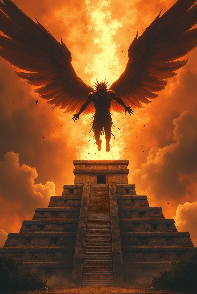 An image of Lucifer falling from the sky full of fire onto the pyramid of Chichen Itza, in drawing art