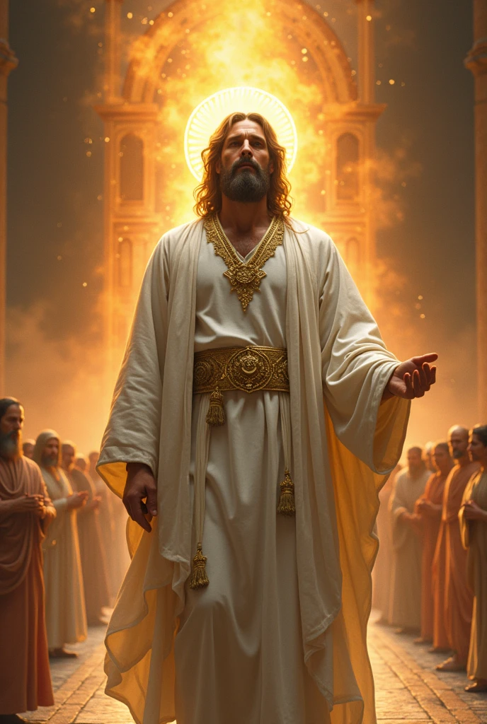 A realistic scene depicting the "Son of Man" as described in the Book of Daniel 7:9-14, wearing white robes, with an expression of authority and serenity, standing before the throne with the Ancient of Days. The background shows a flaming throne with the Ancient of Days seated on it., with its wheels of fire, surrounded by heavenly multitudes, with a crystal sea in the background. Heavenly light illuminates the figure, creating a golden halo around your head. Style inspired by Renaissance sacred art, with gold and silver details, fine brush strokes, high contrast between light and shadow, detailed realism, Cinematic depth of field
