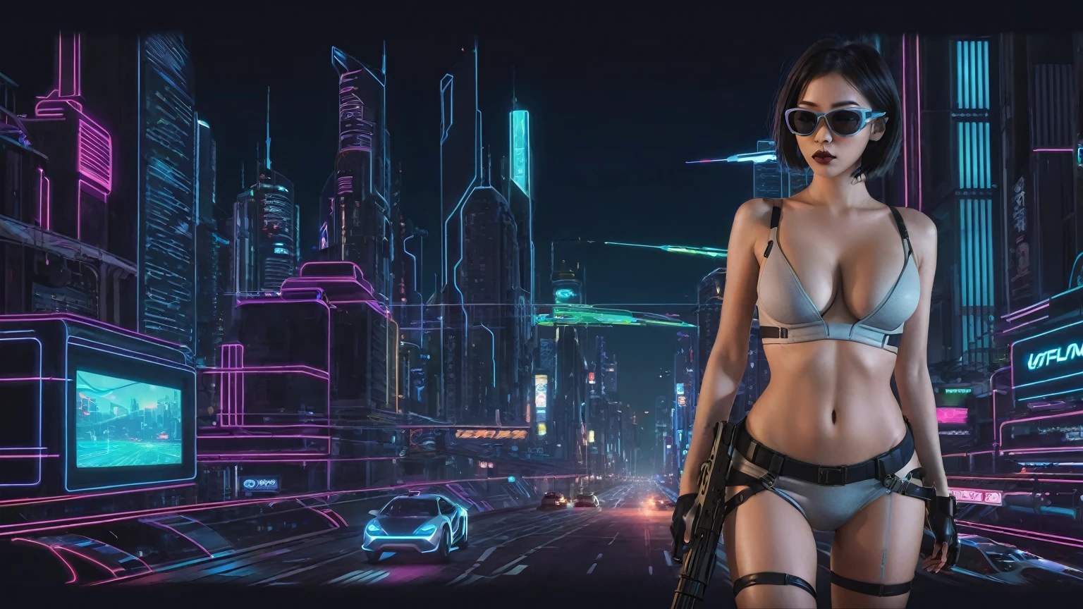 At night, simple outlined cyberpunk city, flying cars, line art background. (1girl, solo), photo realistic, medium-breast:1.3 slim body, cleavage, sling top, miniskirt, black sunglasses, holding a short gun, half-body thigh level medium shot, cinematic lighting, ray tracing.