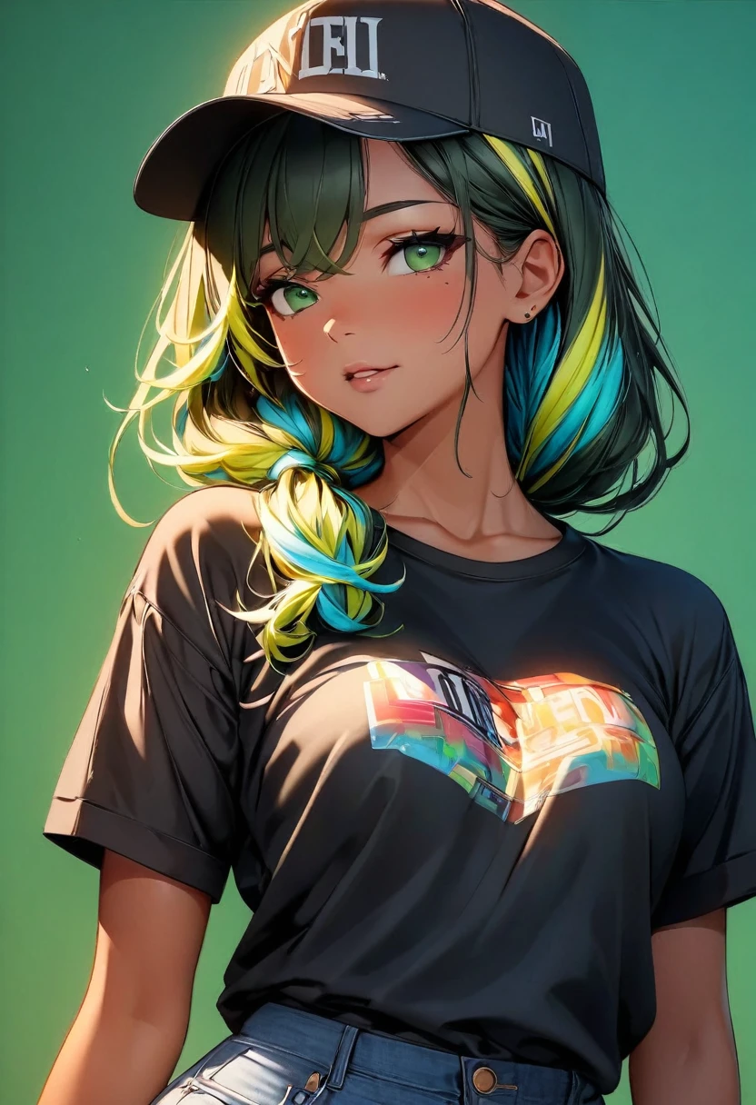 (highest quality:1.2, Very detailed, up to date, Vibrant, Ultra-high resolution, High Contrast, masterpiece:1.2, highest quality, Best aesthetics), Portraiture、girl、((25 years old:1.5)), (slim:1.2), 25-years-old, (black trucker cap:1.3), (black t-shirt), jeans, Bright colors、Beautiful fine details、Beautiful lip detail、long hair, (low ponytail:1.3), white and yellow green ((streaked hair:1.6)), highlights hair: 1.5, (small breast,:1) (tan skin:1.2), ((Plain green background:1.6)), lineart, ((two toned:1.7)), ((cowboy shot:1.5)), clean line drawings, look at viewer, from front