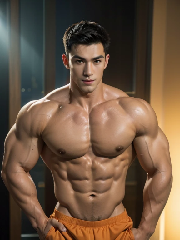 Thai muscular man, too much muscle, handsome, Clear skin, 4K, full body, Very orange background, Orange theme, happy face, sharp jaw, Eye piercing, detailed face, Beautiful, flawless skin, Bulging muscles, Torn abdomen, Healthy body, Strong structure, confident demeanor, incredible light, High quality, realistic, studio lighting, HDR, very detailed, Sharp focus, ((((Eyes shrink))) , smile ,Half shot 