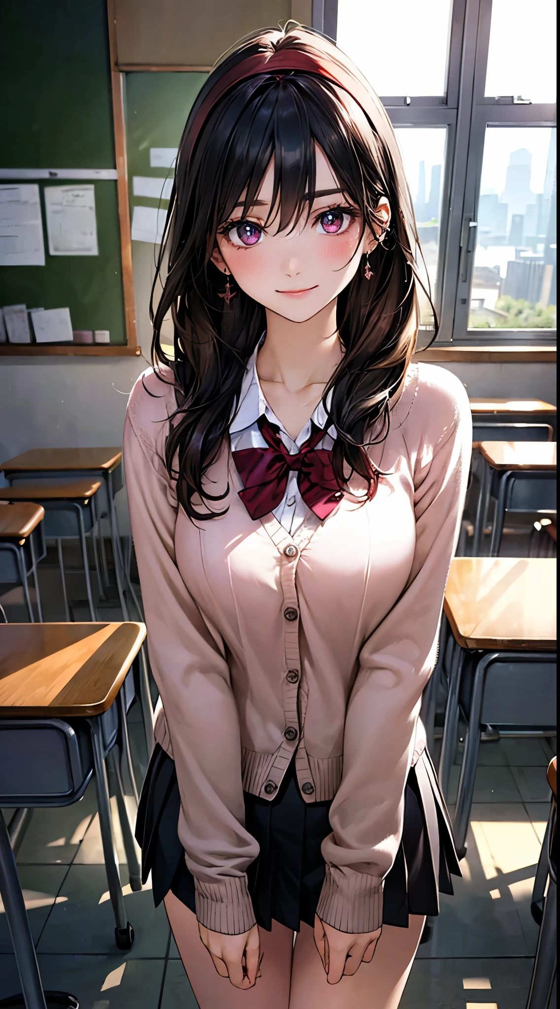 (masterpiece:1.2, highest quality), (realistic photo:1.4), beautiful illustrations, (natural side lighting, movie lighting), 
looking at the viewer, 1 girl, japanese, high school girl, perfect face, cute symmetrical face, shiny skin, baby face, 
(long hair, straight hair, (dark red headband), black hair), hair between eyes, maroon eye idol chest, seductive thighs, big ass), earrings, 
beautiful hair, beautiful face, detailed and beautiful eyes, beautiful clavicle, beautiful body, beautiful breasts, beautiful thighs, beautiful feet, beautiful fingers, slender, 
(white collared shirt, long sleeve pink knit cardigan, black pleated mini skirt, dark red flat bow tie), 
(beautiful scenery), evening, (school classroom:1.2), standing, (cute smile, upper eye)