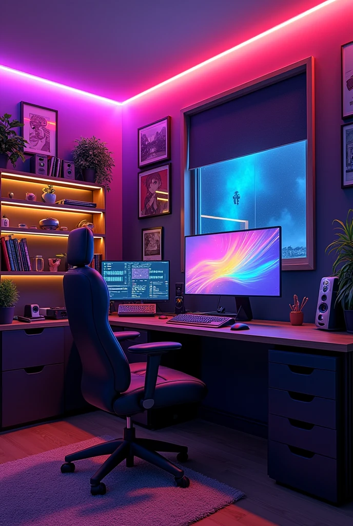 Design a dynamic content creator's studio with vibrant RGB lighting and additional ambient accents. Integrate a stylish wooden showcase displaying tech gadgets, awards, and personal items. Include a dedicated podcast setup with professional equipment and emphasize a sleek, productive workspace. Enhance the aesthetic with decorative elements like wall art, plants, and accessories for a visually captivating and multifunctional space. wide angle view, big room, large room,gaming room, neon lights, semi dark room , special effects, only screen and monitors, anime correctors photos in wall, realistic, ultra realistic, 4k image quality , best colour