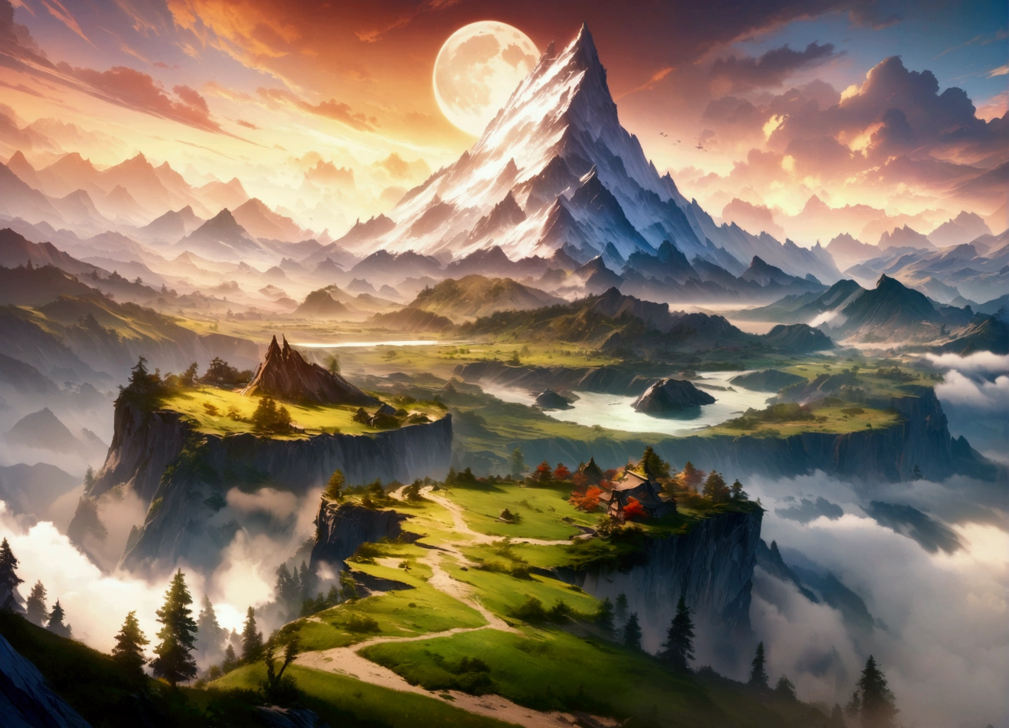 Mountain with the moon in the sky々and lakes, highly 4K detailed digital art, Highly Detailed 4K HD Wallpapers, Amazing fantasy landscape, Science Fiction Fantasy Wallpaper, Unreal Engine Wallpaper 4K, 4K detailed digital art, Science Fiction Fantasy Wallpaper, Epic dreamy fantasy landscape, 4K HD Matte Digital Painting, Amazing 8K Art  