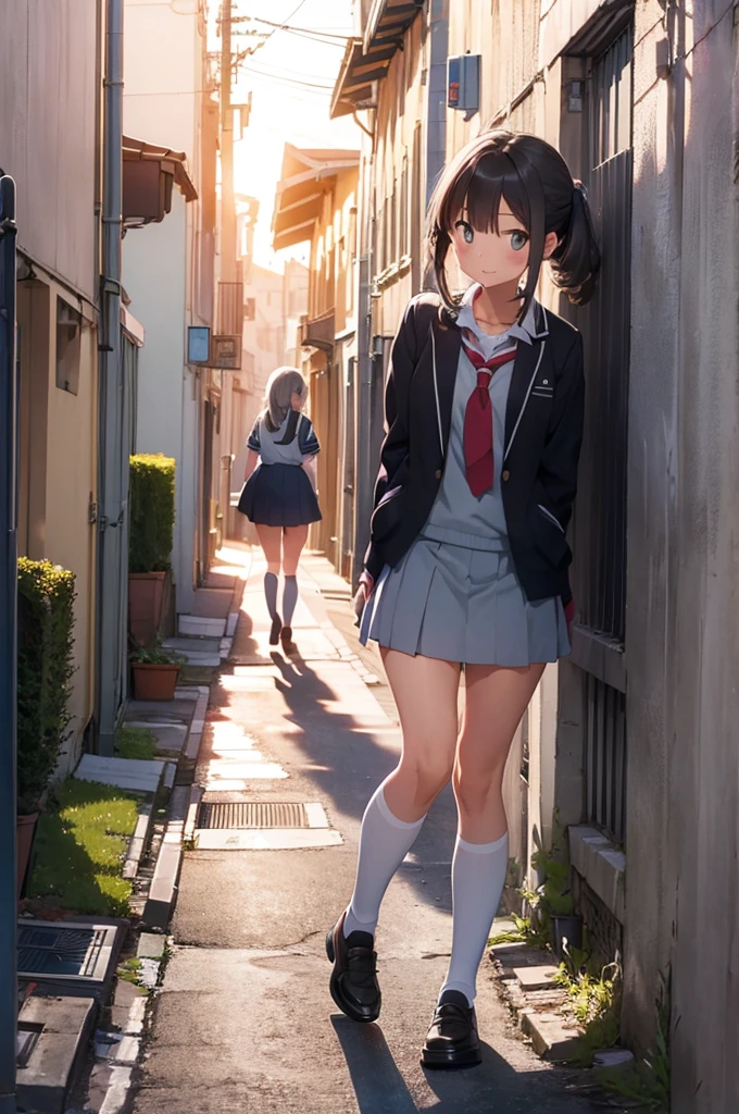 girl in school uniform, happy grey cat, alleyway, sunset, 50mm lens