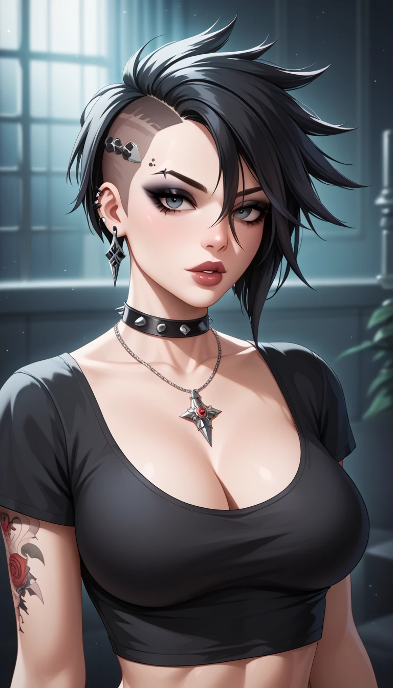 1girl, Holo-Punk Style, goth, black hair, earrings, eyelashes, indoors, jewelry, lips, makeup, necklace, short hair, solo, tattoo, faux hawk, punk aesthetic, foreshortening, darkbackground, cinematic lighting, masterpiece, best quality , big breasts