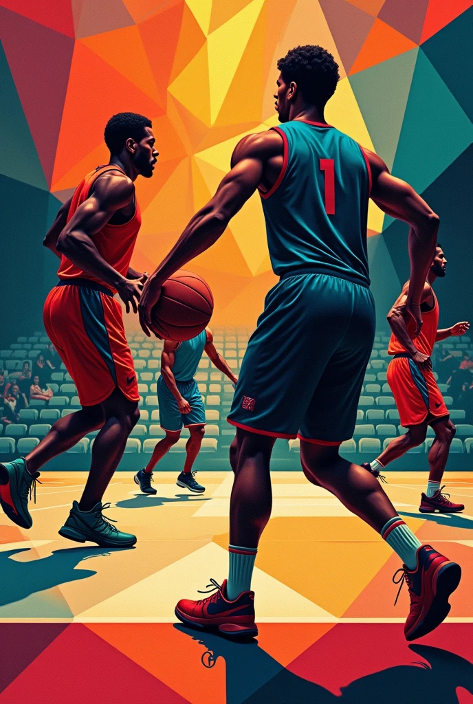 cubism basketball art in multiple angles using geometric shapes and patterns